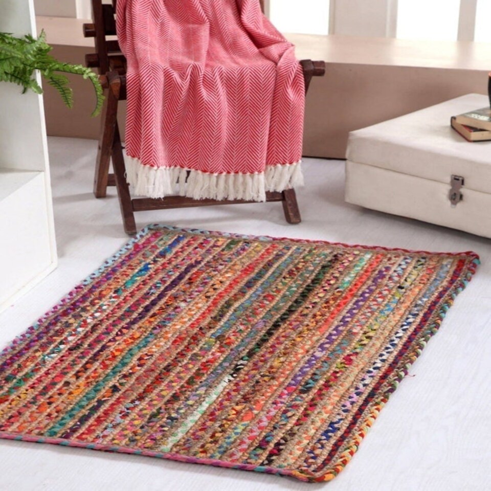 image 1 of MISHRAN Natural Rug Hand Woven with Multi Colour Braids - Natural Jute - L90 x W150 - Multicolour Multi