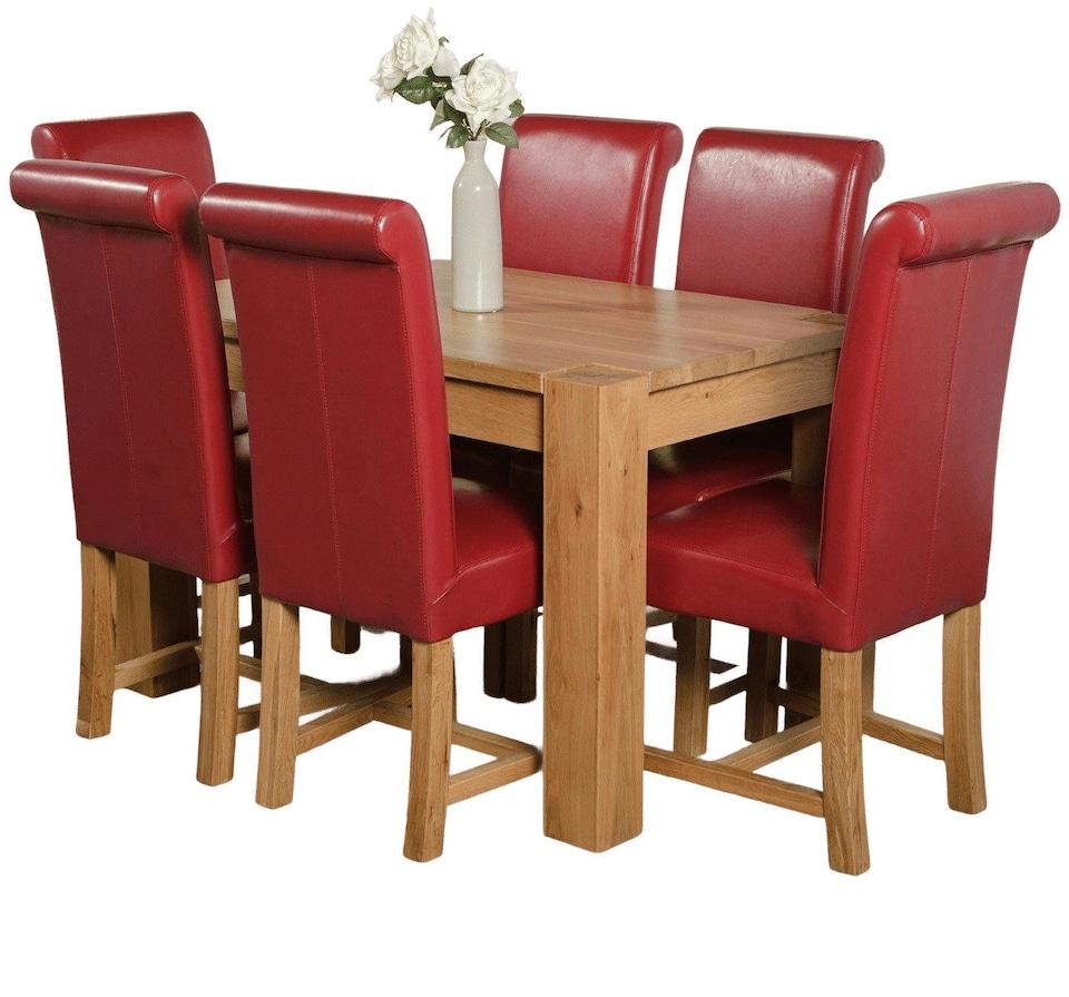image 1 of Kuba 125x80cm Chunky Oak Small Dining Table and 6 Washington Leather Chairs | Red | Red