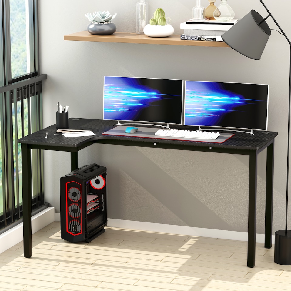 image 1 of HOMCOM L-Shaped Gaming Desk, Computer Corner Desk, Home Office Workstation with Cable Management, 145 x 81 x 76cm, Black, Left