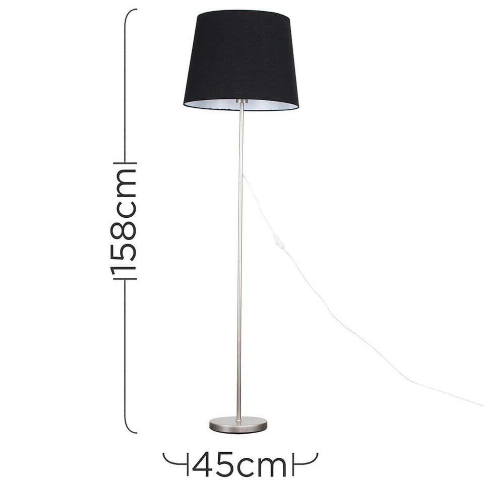 image 1 of ValueLights Charlie Brushed Chrome Floor Lamp Black Taper Shade and Bulb