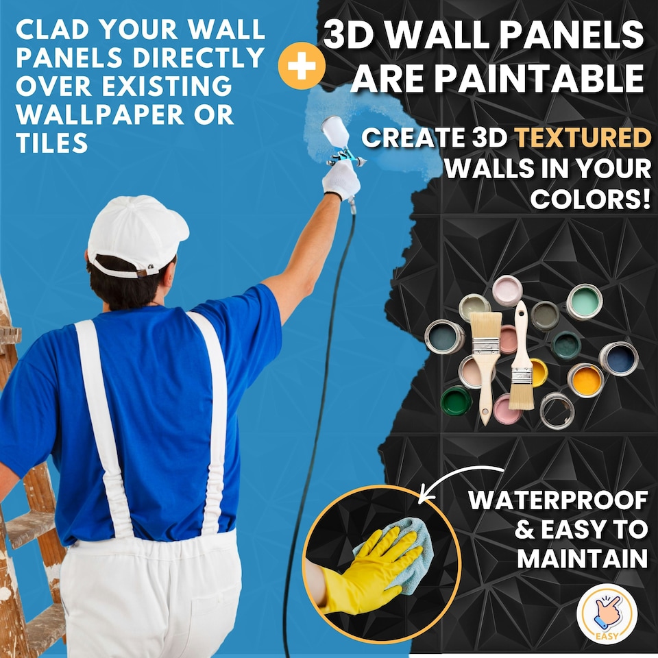 image 1 of NOVECRAFTO Diamond Effect 3D Wall Panels – 6 Sheets Covering 1.5 sqm (16.15 sqft) – Matte Interior PVC Cladding Tiles – 19.6"x19.6" Diamond Design Black