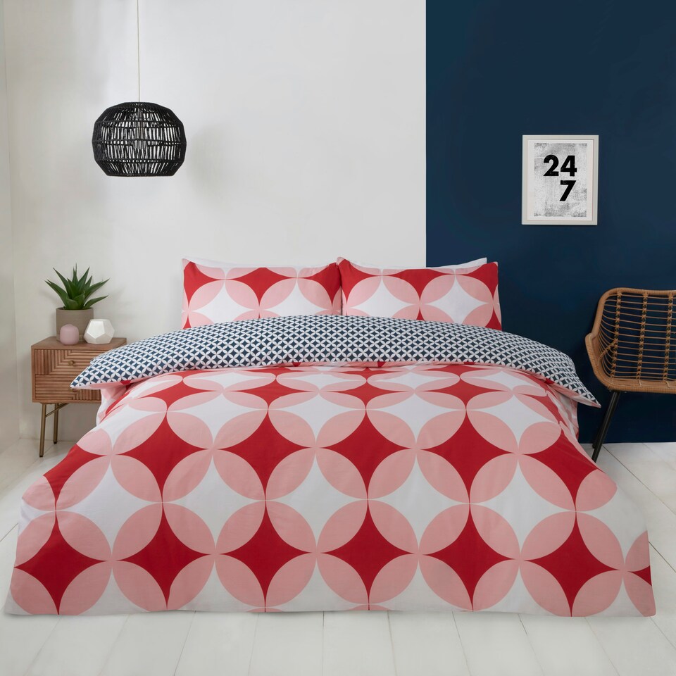 image 1 of Geo Polycotton Reversible Duvet Cover Set with Pillowcase | Red | Double | 1