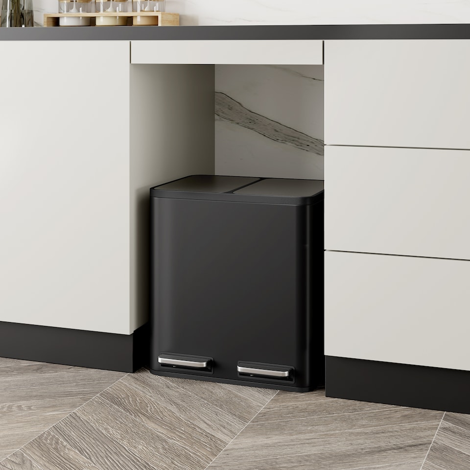 image 1 of VonHaus Cream 30L Waste & Recycling Kitchen Bin, 2 x 15L Black Compartment Pedal Bin w/ Non Slip Base, Removable In-Bins | Black | Matte Black | 45L