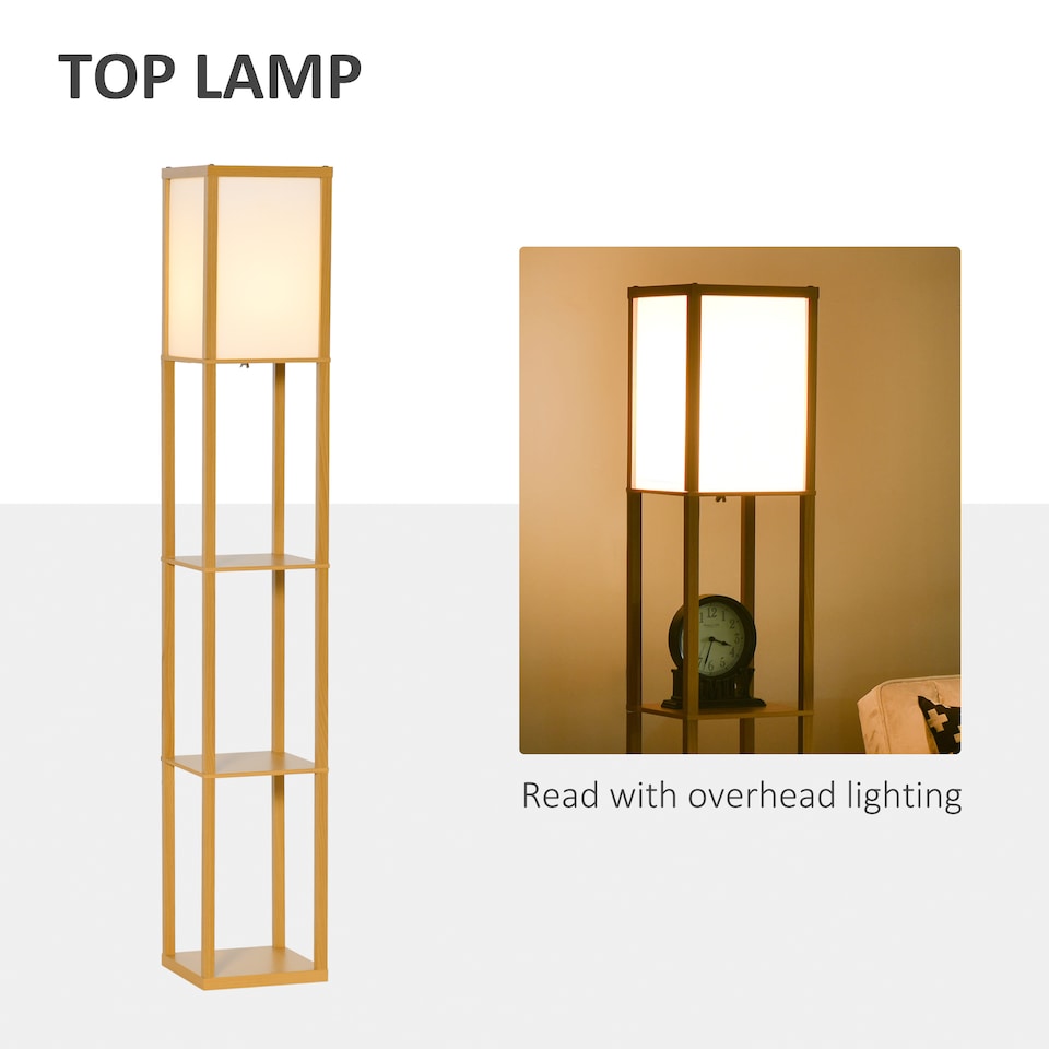 image 1 of HOMCOM 3Tier Floor Lamp, Floor Light with Storage Shelf, Reading Standing Lamp with Acrylic Shade for Living Room, Bedroom, Kitchen, Dining Room, Office, Dorm, 160cm, Natural