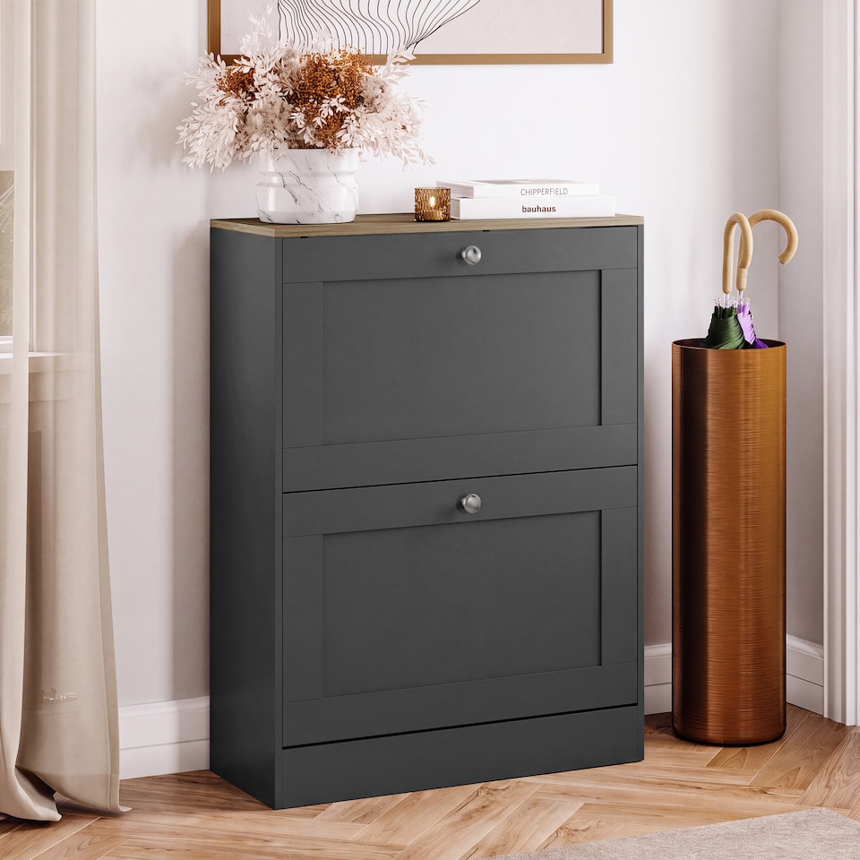 image 1 of Vida Designs Altino 2 Drawer Hallway Storage Shoe Cabinet Organiser - Charcoal Grey & Oak