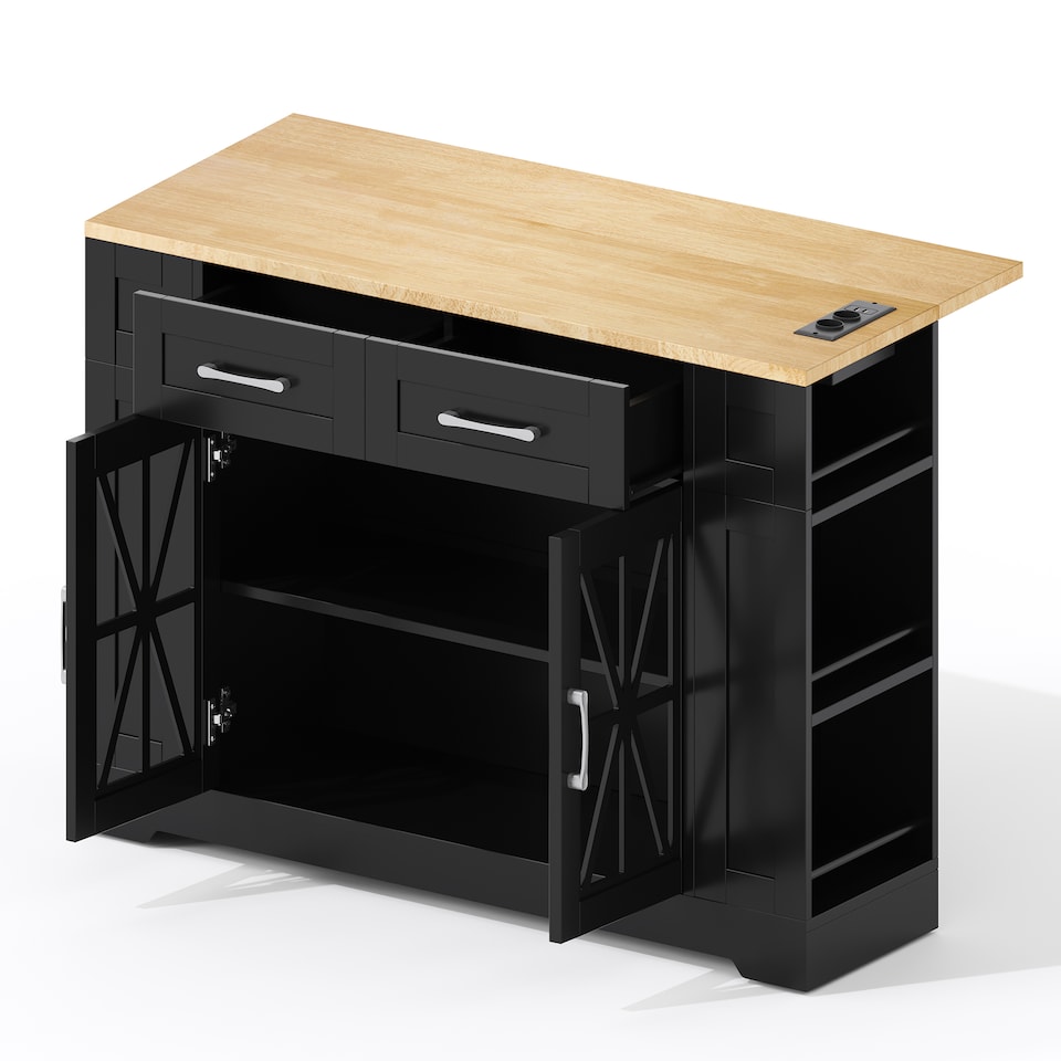 image 1 of VILUXE Mobile Kitchen Island with Foldable Worktop, 2 AC Sockets, 2 USB Ports, Glass Doors, Adjustable Shelves and Lockable Wheels, Black and Natural