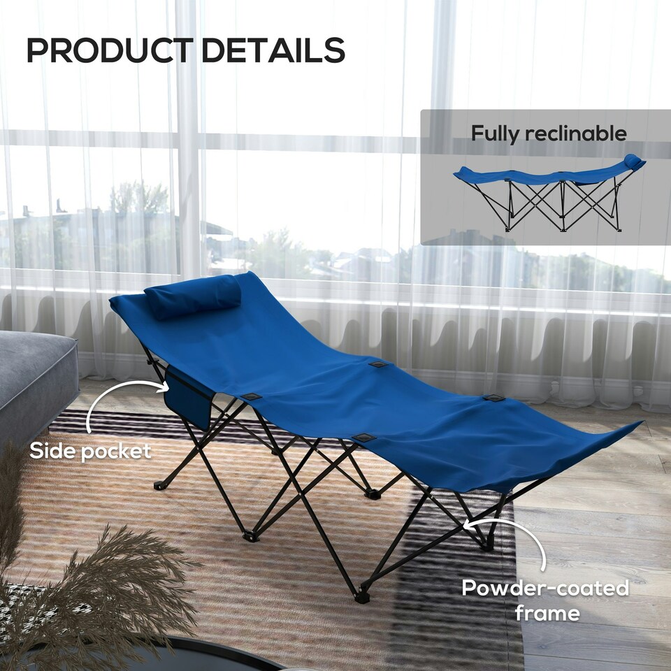 image 1 of Outsunny Folding Camp Bed, Single Travel Camping Cot with Side Pocket, Blue