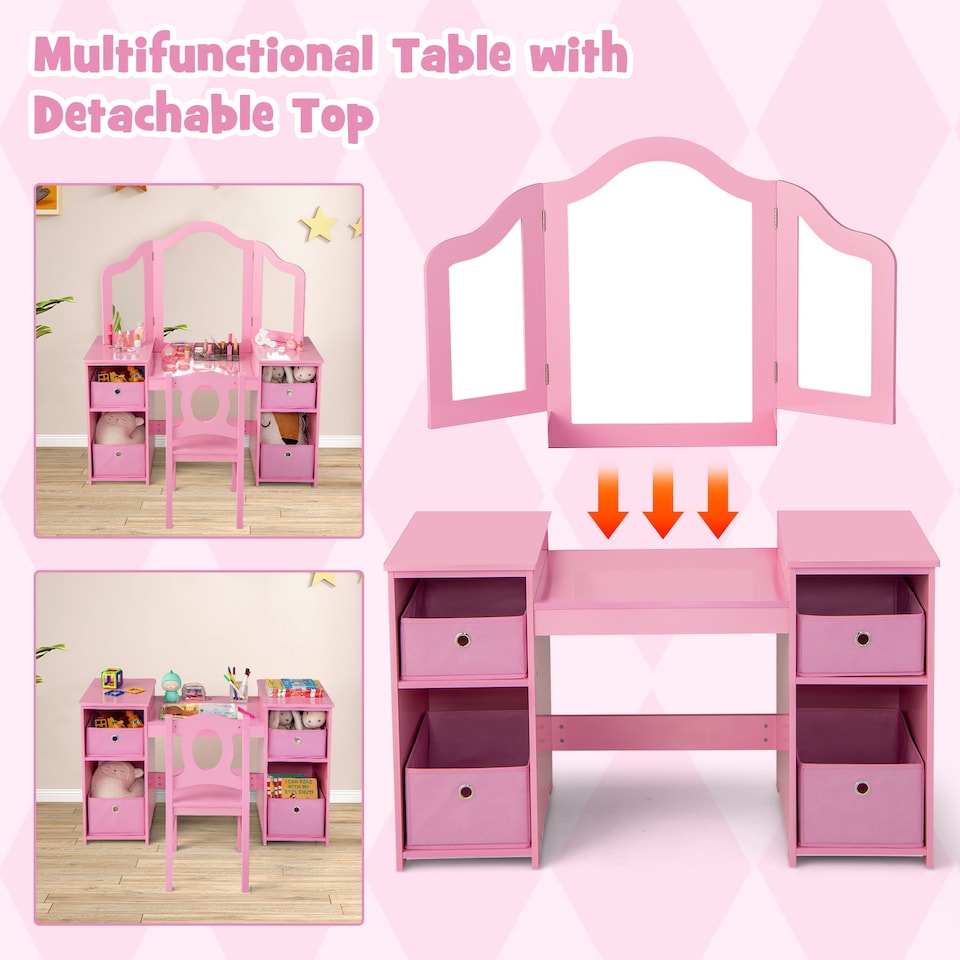 image 1 of COSTWAY Kids Vanity Desk & Chair 2 in 1 Toddler Makeup Pink