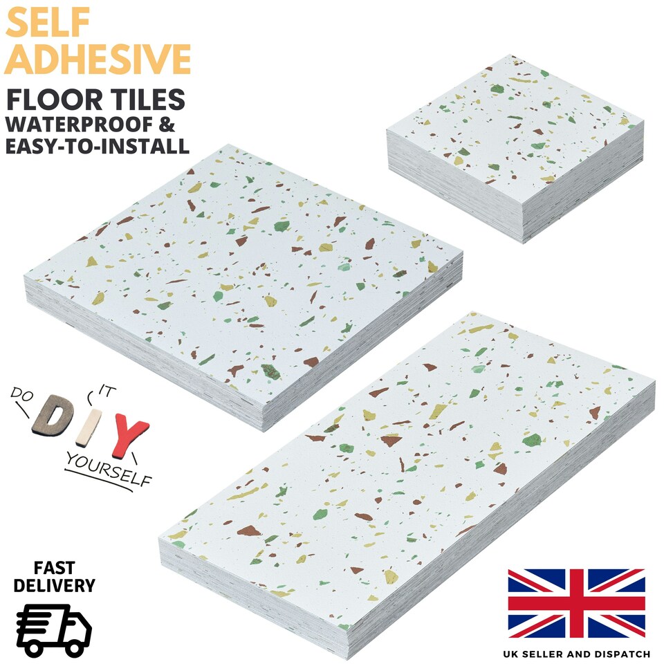 image 1 of NOVECRAFTO Vinyl Floor Tiles Self Adhesive – 18x18in Peel and Stick Large Square Flooring for Kitchen, Bathroom & Living Room – White Grey Terrazzo Effect White | 6.27 sqm