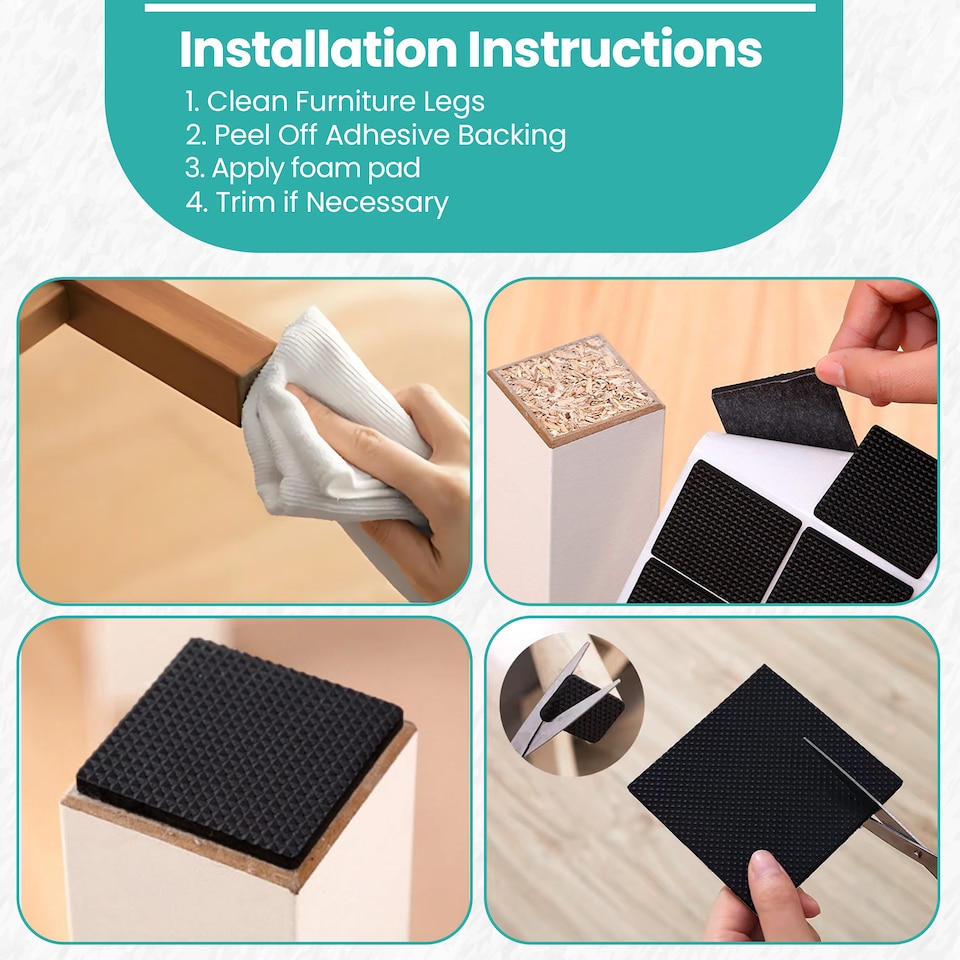 image 1 of 45x45mm Black Square Foam Furniture Pads, Floor Protectors for Chair