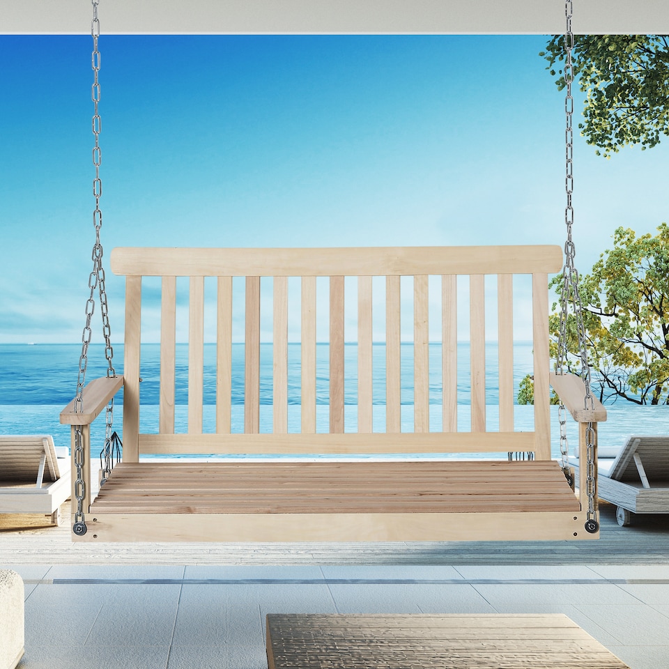 image 1 of Outsunny Outdoor Wooden Swing Bench 2-Seater Porch Swing Chair Hanging Hammock Garden Furniture, Natural