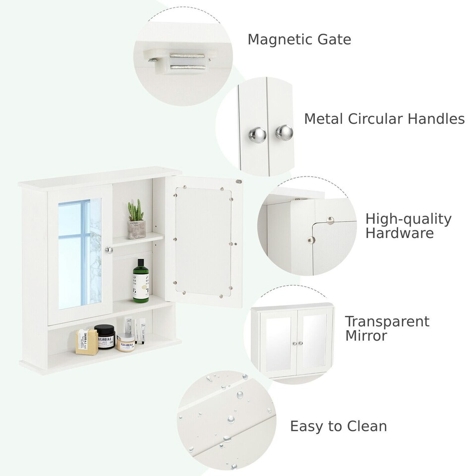 image 1 of COSTWAY Wall Mounted Bathroom Mirror Cabinet Storage White White