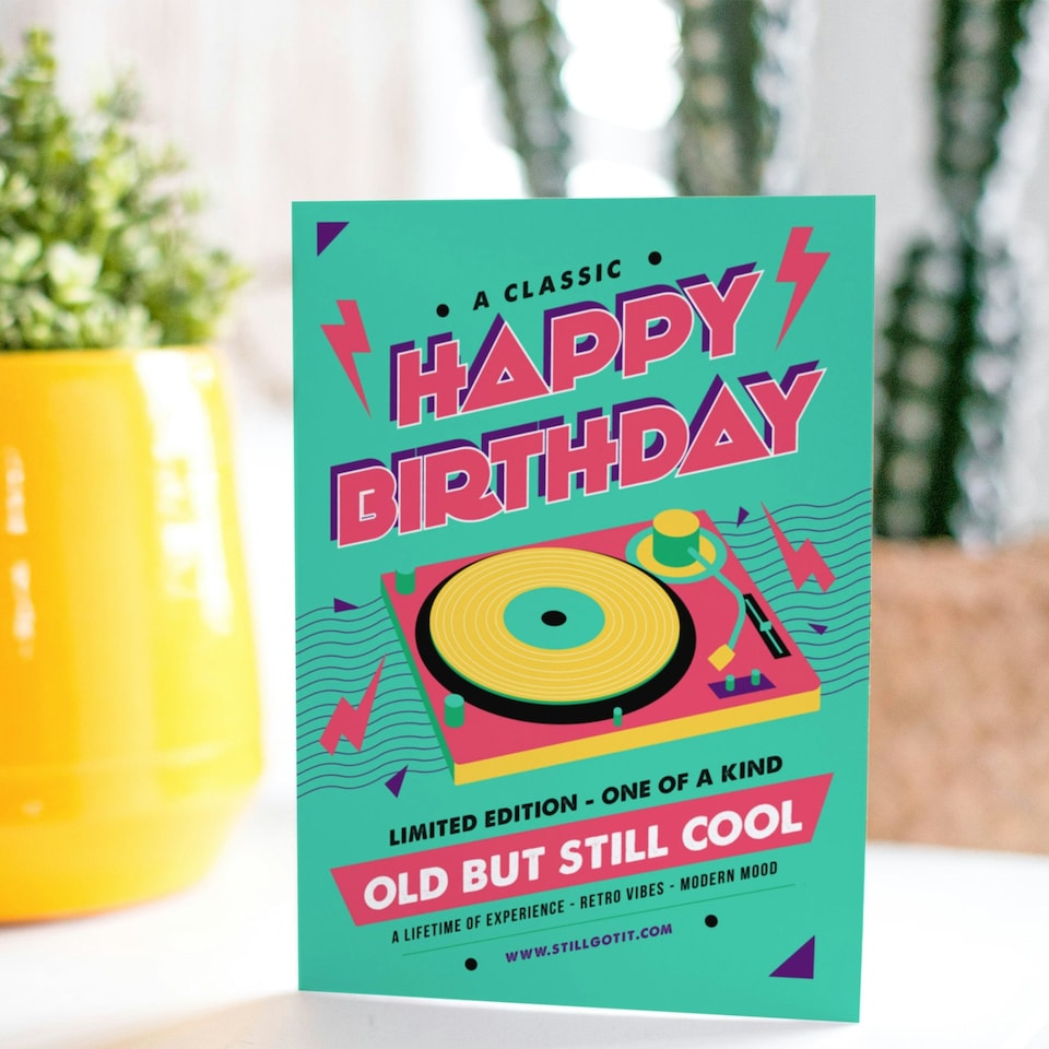 image 1 of Old But Cool Vinyl Record Player Green Pink Birthday Greeting Card