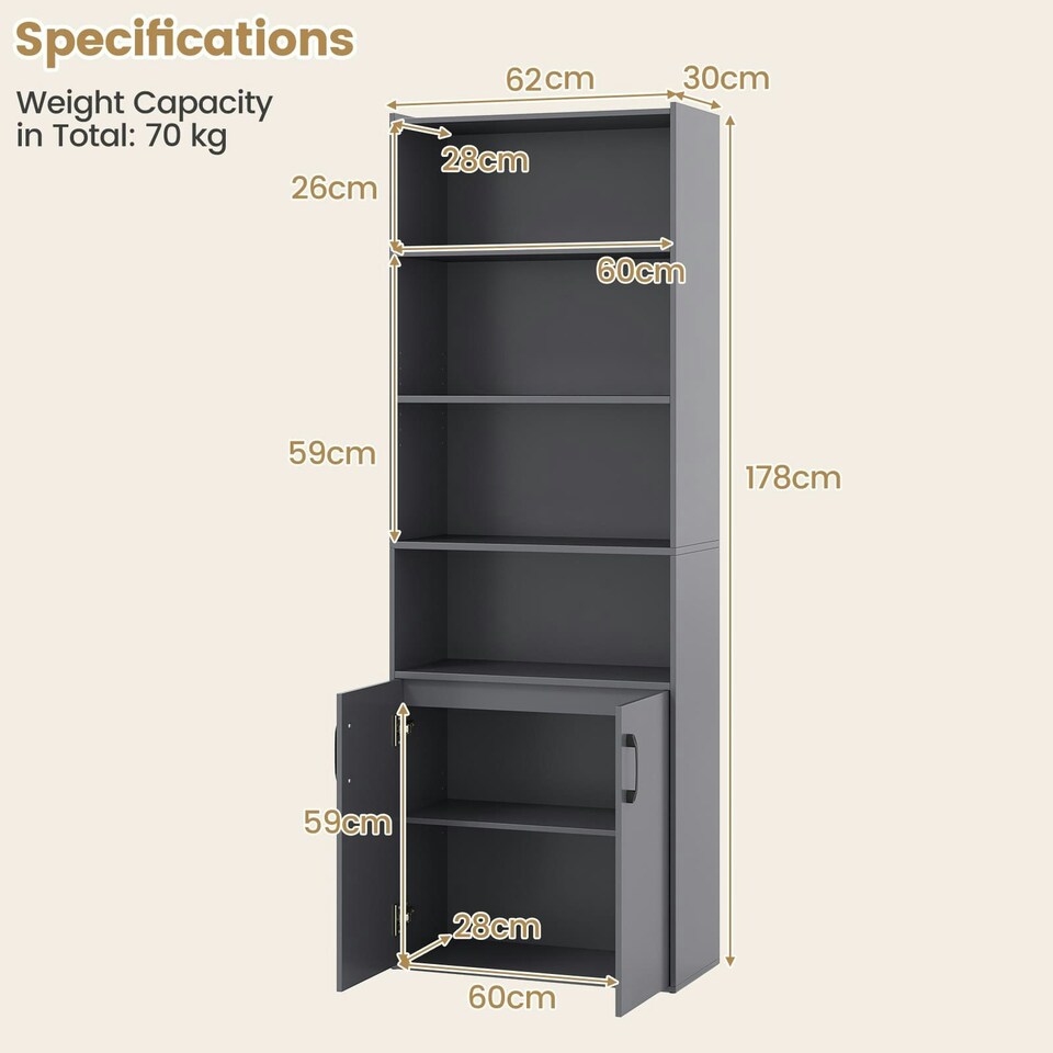 image 1 of COSTWAY 178 CM Bookcase 6-tier Modern Style Storage Grey Grey