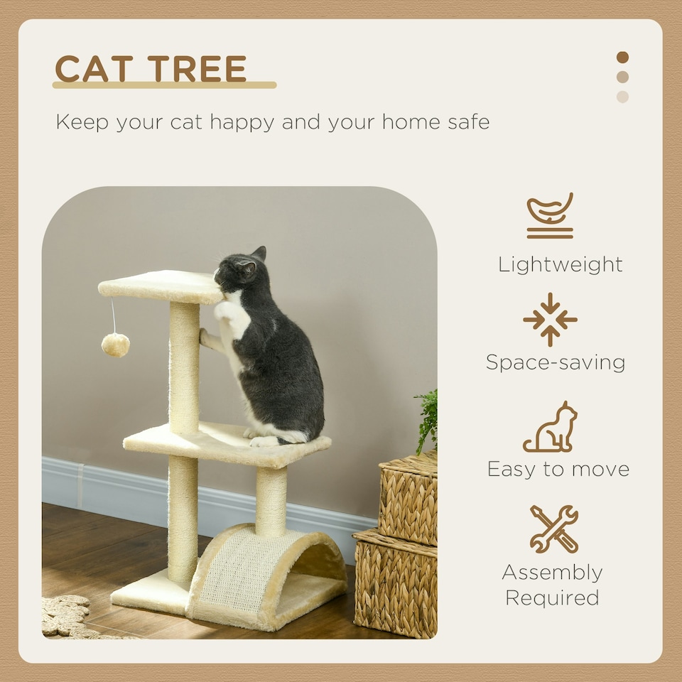 image 1 of PawHut 72cm Cat Tree Tower with Scratching Post Perch, Indoor, Cream white