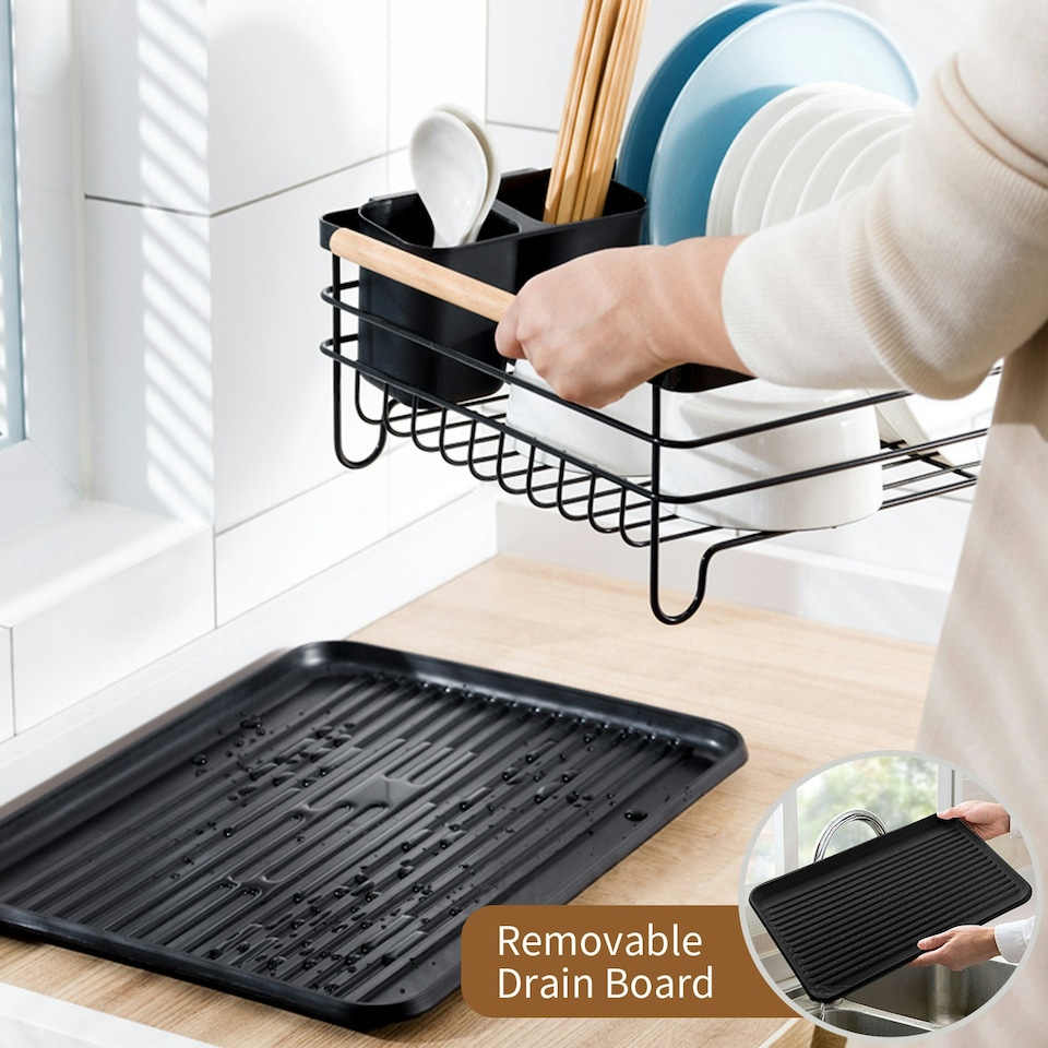image 1 of Living and Home Metal Dish Rack Drainer with Removable Drainboard - Black