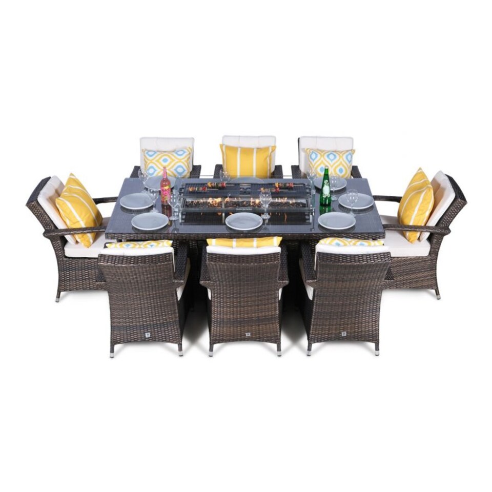 image 1 of Arizona Fire Pit 8 Seater Rectangle Rattan Dining Set | Brown | Brown