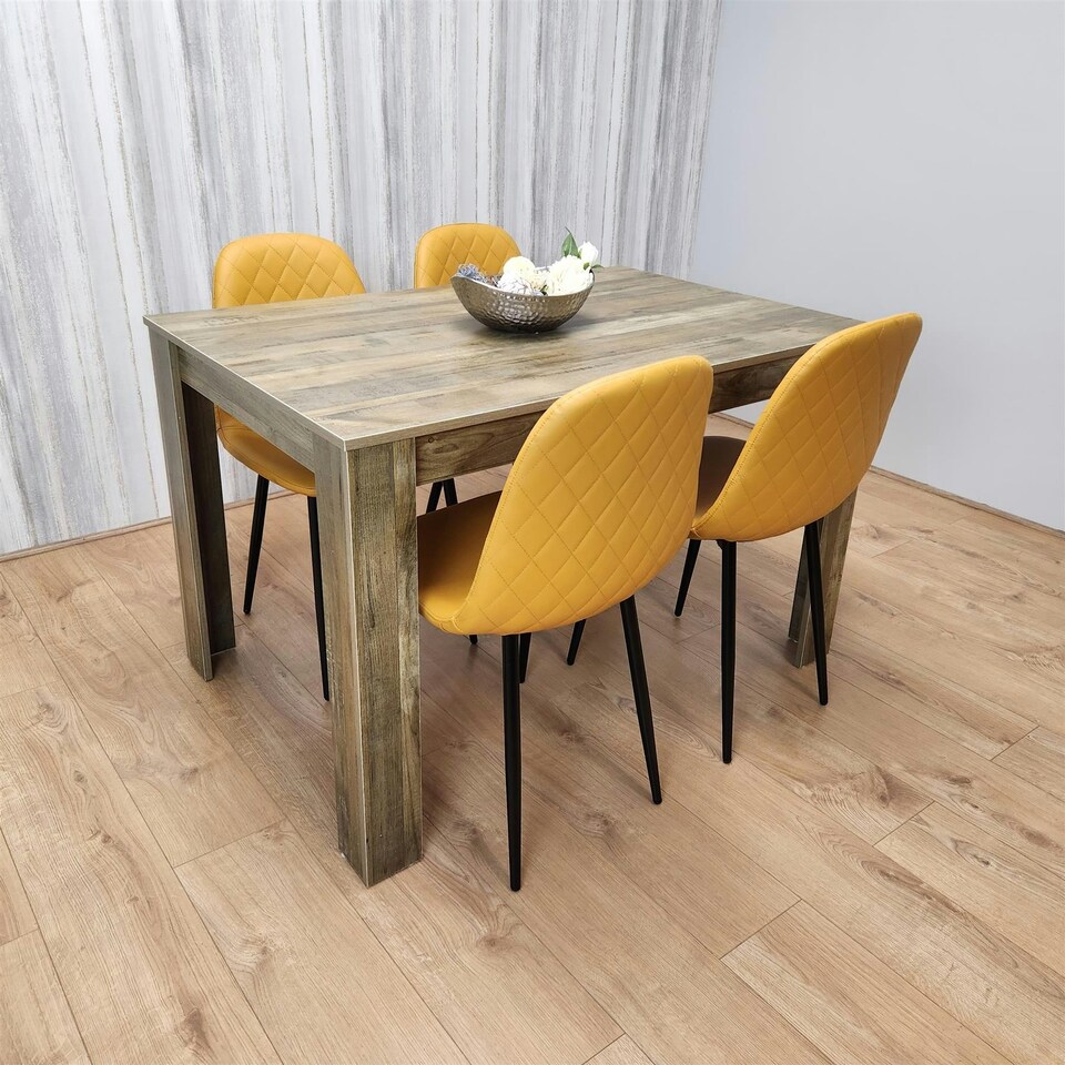 image 1 of Dining Table and 4 Chairs Rustic Effect Table with 4 Mustard Gem Patterned Chairs Brown