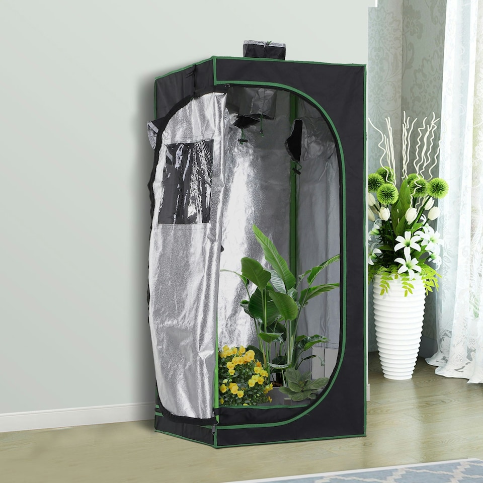 image 1 of Outsunny Mylar Hydroponic Grow Tent w/ Floor Tray for Indoor Plant 60x60x140cm