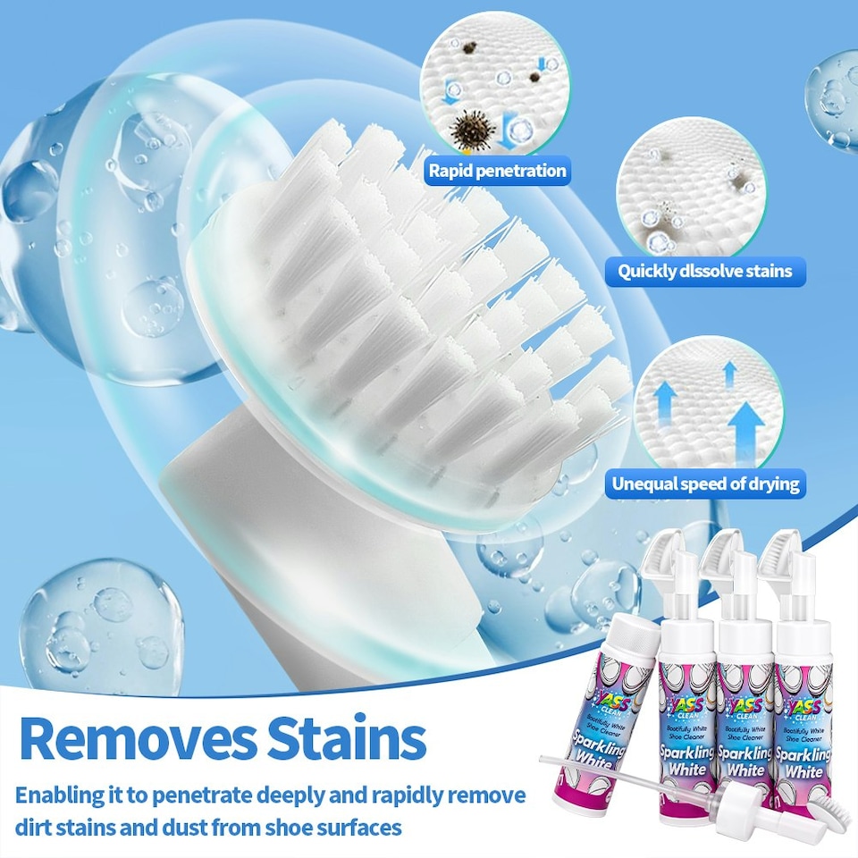 image 1 of Yass Clean White Shoe Cleaner Set, 200ml x 4 Bottles, Foam Applicator with Brush, Sparkling White Formula