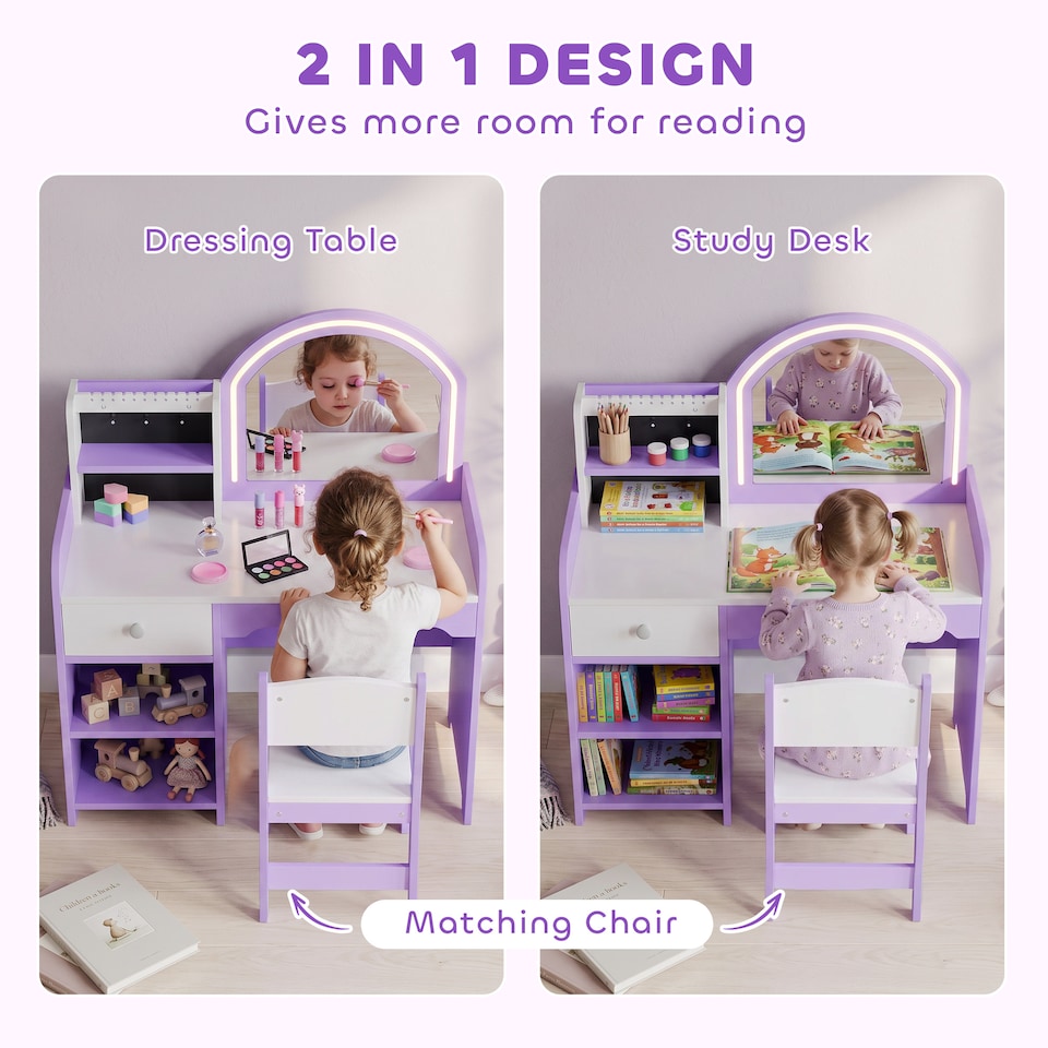 image 1 of AIYAPLAY Kids Vanity Set, Girls Dressing Table with Stool, Purple