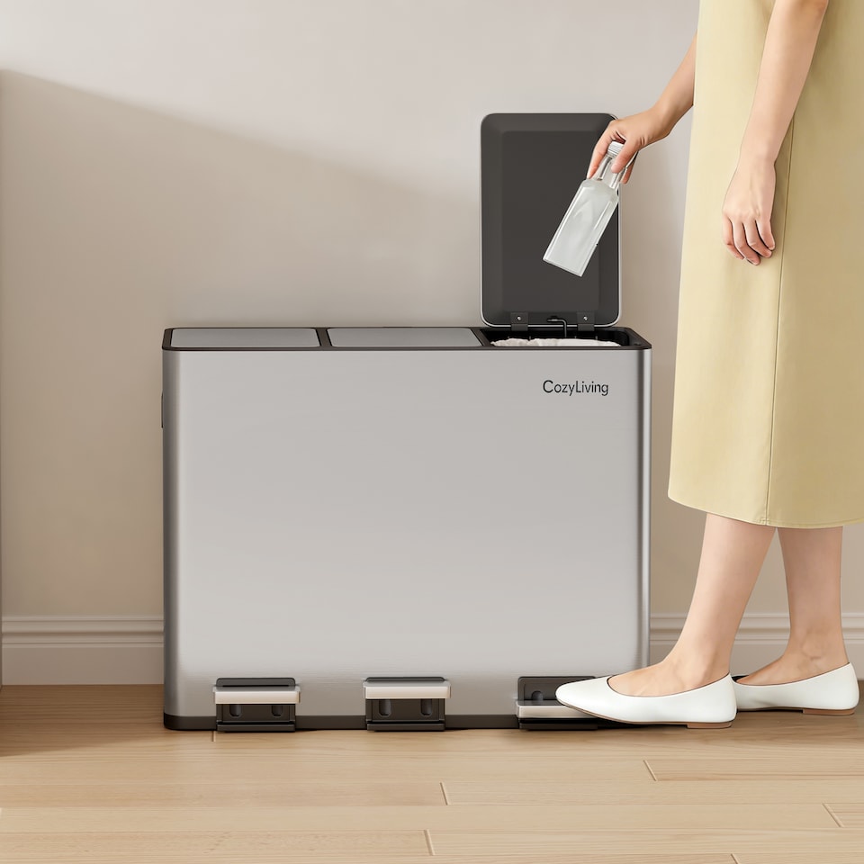 image 1 of CozyLiving 45L Triple Pedal Bin for Recycling and General Waste Rubbish Kitchen Bin 3x 15L