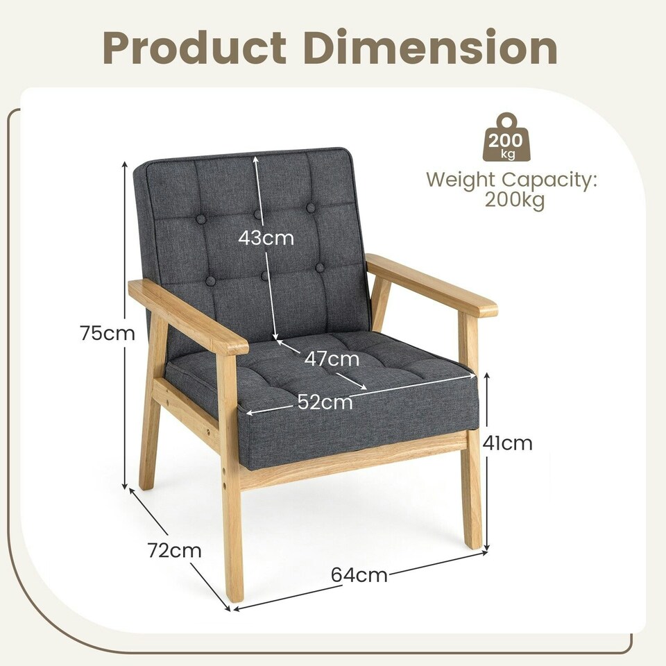 image 1 of COSTWAY Upholstered Accent Sofa Chair Armchair Grey Grey