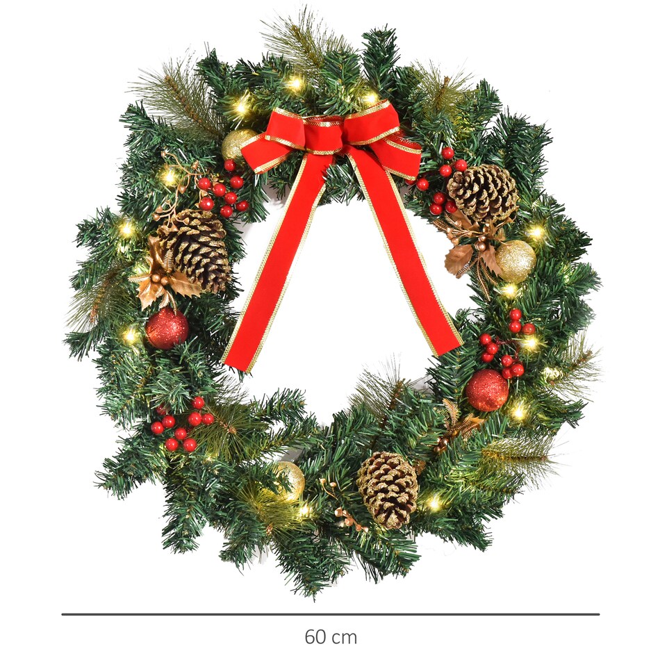 image 1 of HOMCOM Pre-Lit Artificial Christmas Door Wreath Holly Garland Decor 20 LED