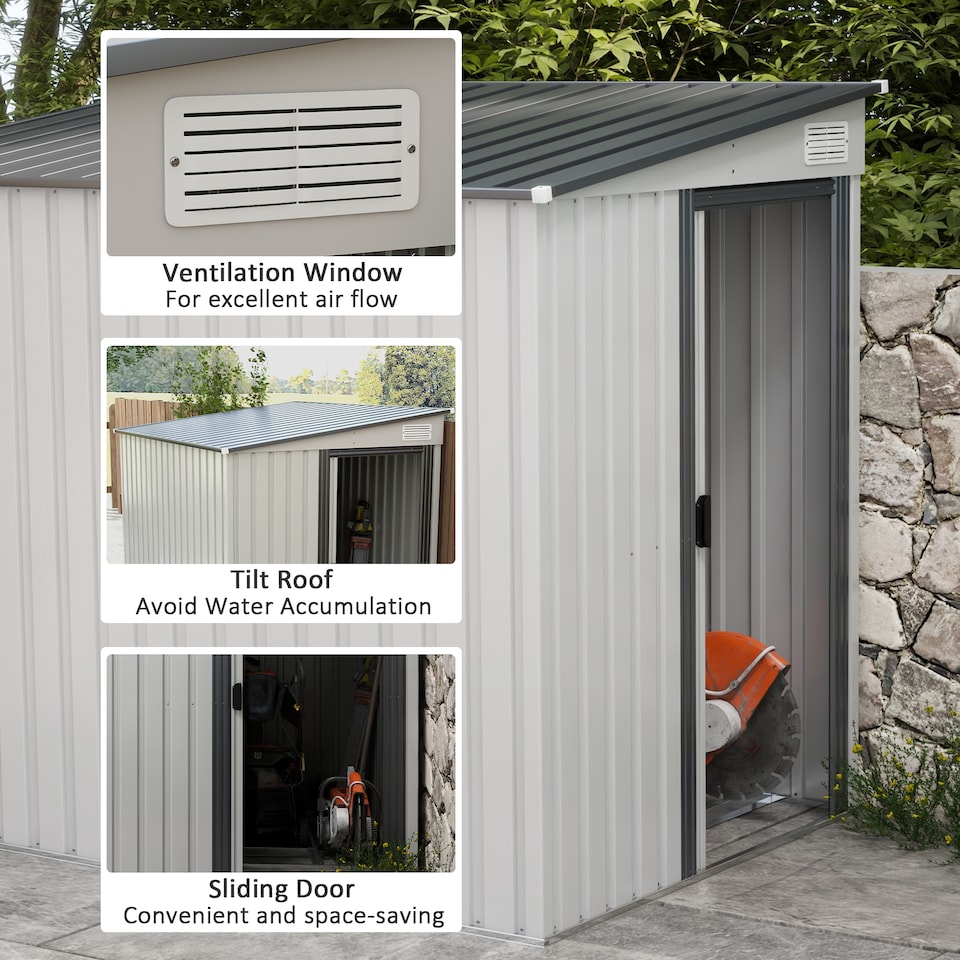image 1 of Outsunny 7 x 5FT Galvanised Metal Garden Shed with Foundation, Lean to Shed, Tool Storage House with Sliding Doors, 2 Vents, Adjustable Shelves and Hooks, White