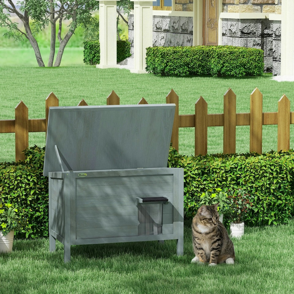 image 1 of PawHut Outdoor Feral Cat House Insulated w/ Openable Roof - Charcoal Grey