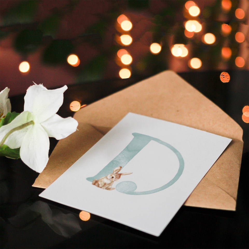 image 1 of Greeting Card Bunny Rabbit Alphabet Letter D New Baby 1st Birthday