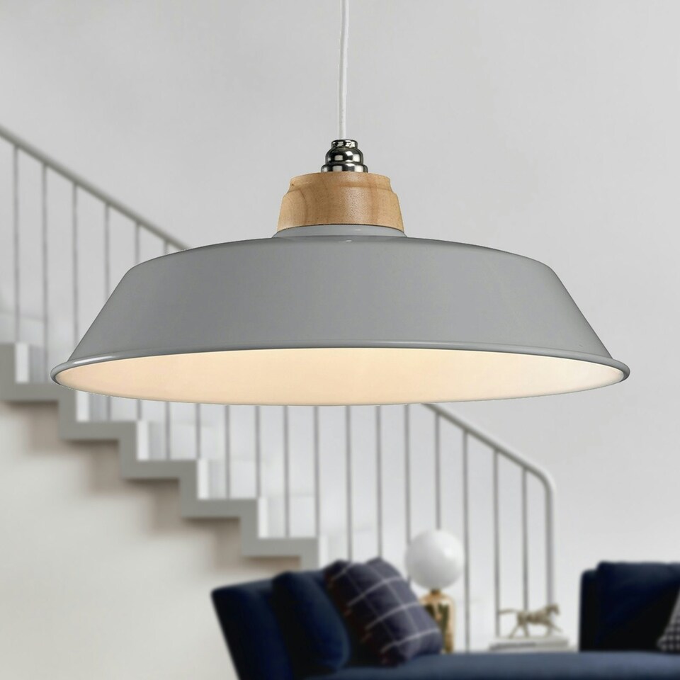 image 1 of Set of 2 Jakob - Grey Metal and Wood Easy Fit Pendant Shades Grey | Brown