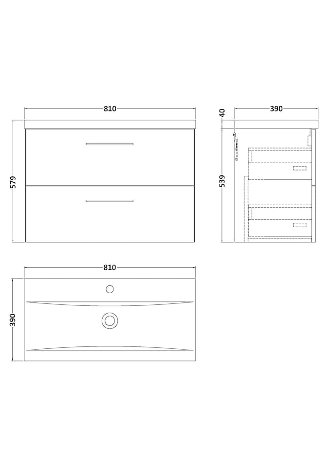 image 1 of Balterley Wall Hung Bathroom 2 Drawer Vanity Unit and 1 Tap Hole Ceramic Basin, with Handles | Grey