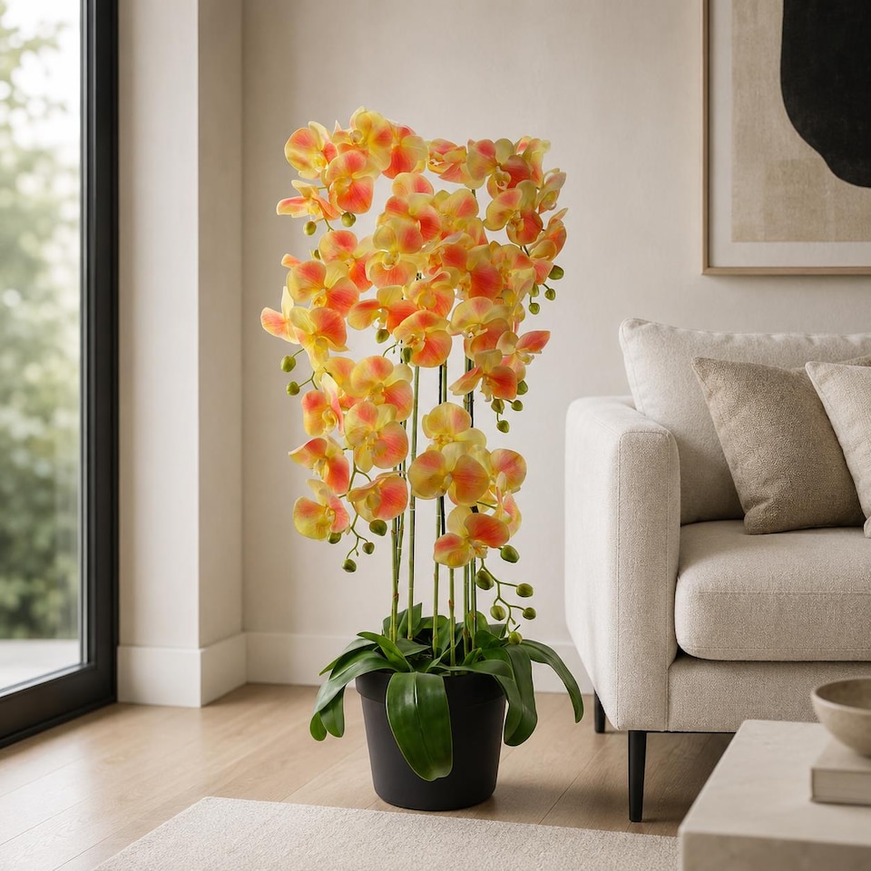 image 1 of 110cm Large Yellow Peach Orchid Plant Artifcial 41 REAL TOUCH flowers