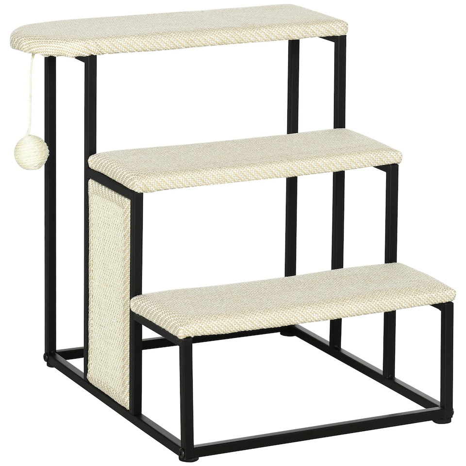 image 1 of PawHut Cat Stairs w/ Sisal Scratching Board, Hanging Ball, Steel Frame - Cream