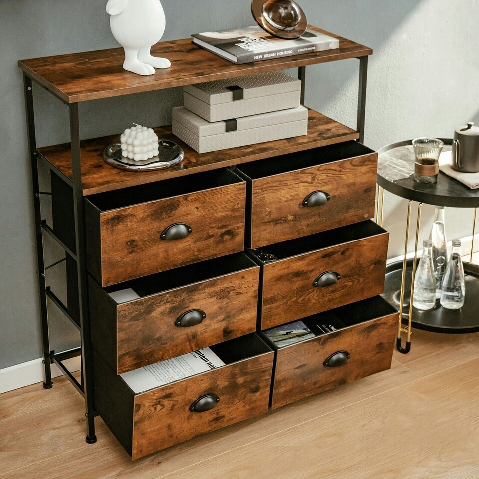 image 1 of COSTWAY 6 Drawers Dresser Organizer 2-Tier Fabric Storage Brown