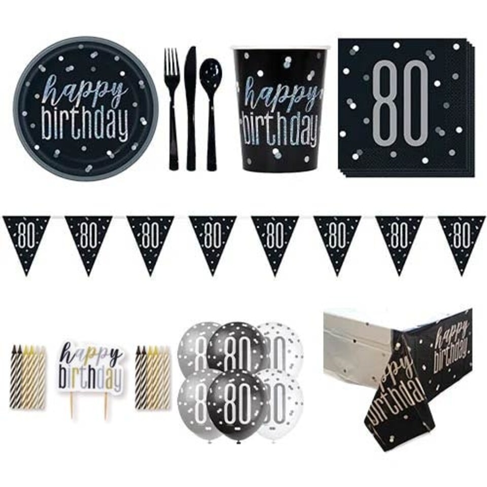 Black Glitz 80th Birthday 8 Person Deluxe Party Pack