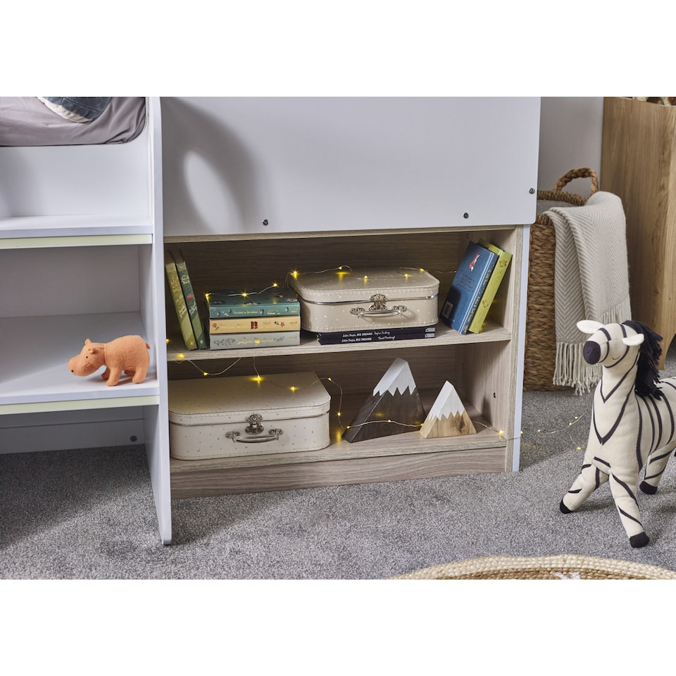 image 1 of Orpheus 90cm Single White and Wood Effect Treehouse Midsleeper Cabin Bed