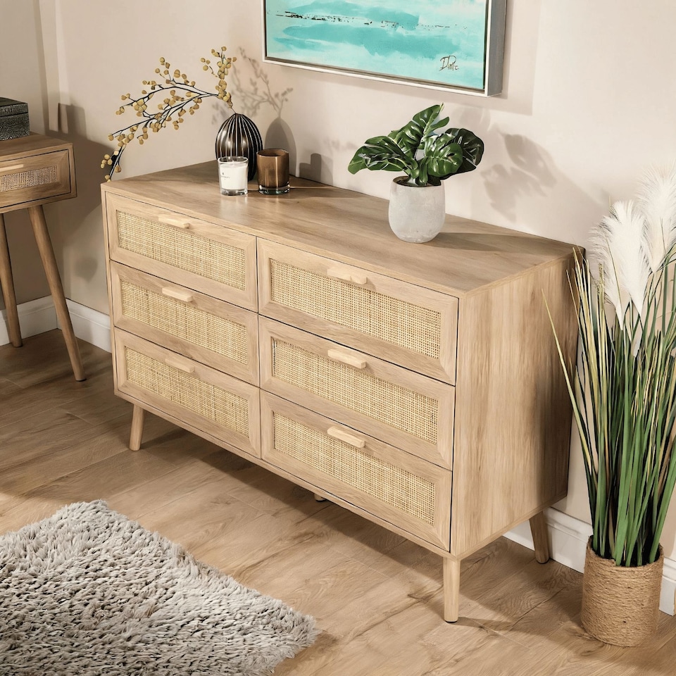 image 1 of Chest 6 Drawers with Rattan Fronts Solid Wooden Legs