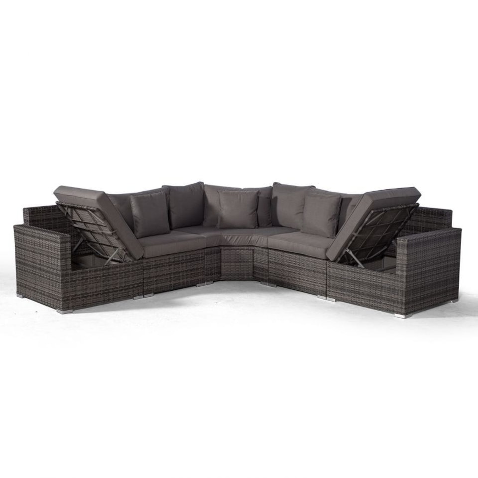 image 1 of Santorini L Shape Modular 5 Seat Rattan Corner Sofa Set With Daybed Ottoman, Large Coffee Table & 2 Stools Grey | Grey