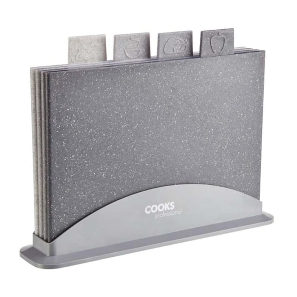 image 1 of Cooks Professional Set of 4 Granite Effect Index Chopping Boards with Stand