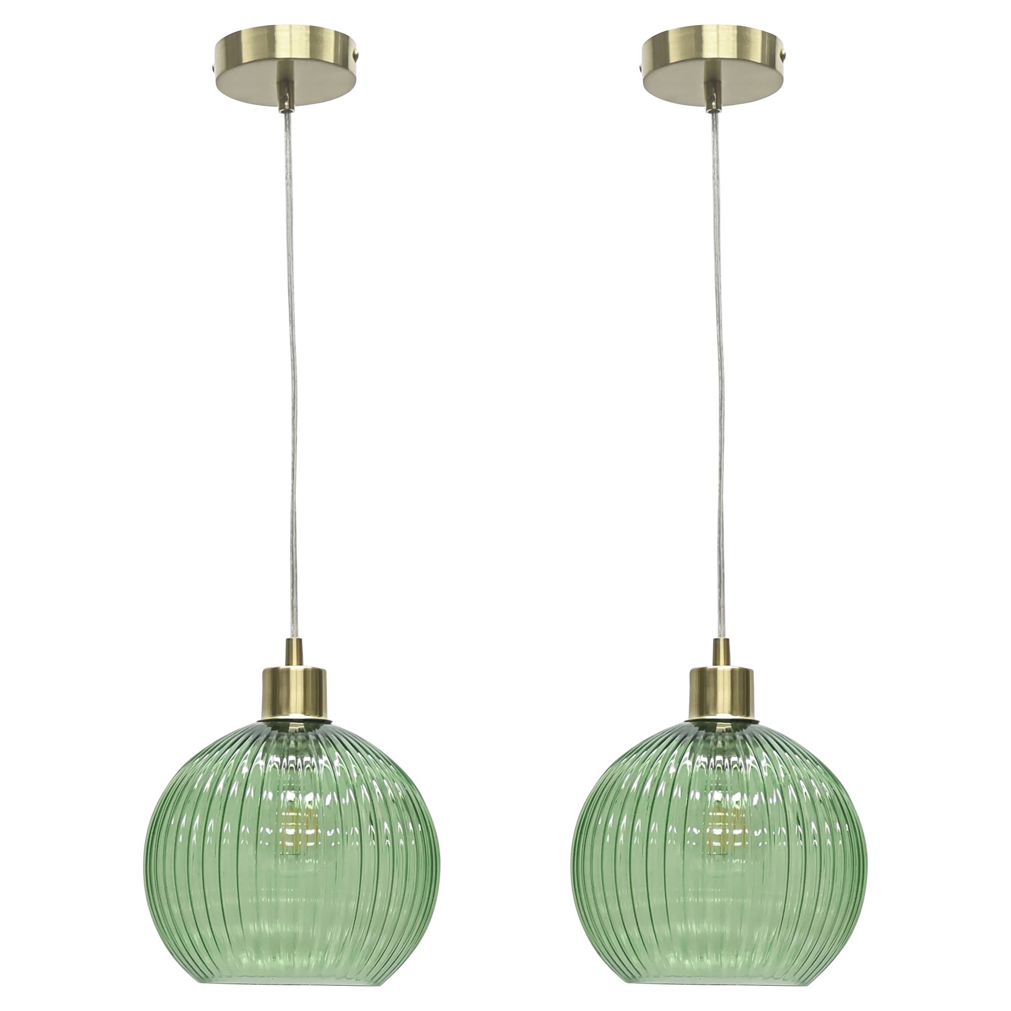 Set of 2 Betchley - Green Ribbed Glass Globe with Satin Brass Pendants Green Clear green glass with satin brass plate detail Small 2
