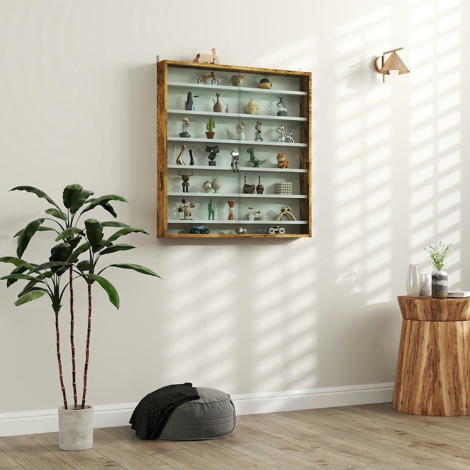 image 1 of HOMCOM 7-Tier Wall Display Cabinet w/ Shelves Glass Doors, Rustic Brown Brown