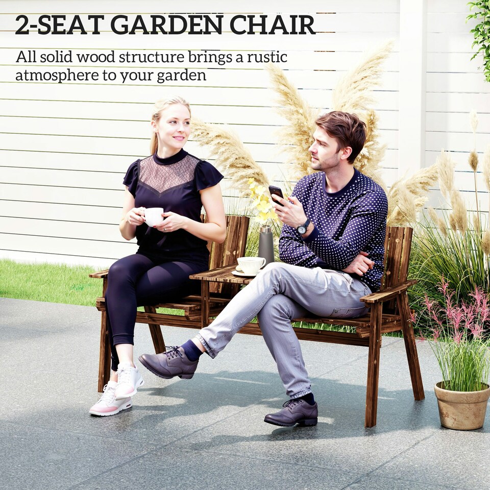 image 1 of Outsunny 2-Seater Wooden Garden Bench with Armrest, Carbonised Finish Brown