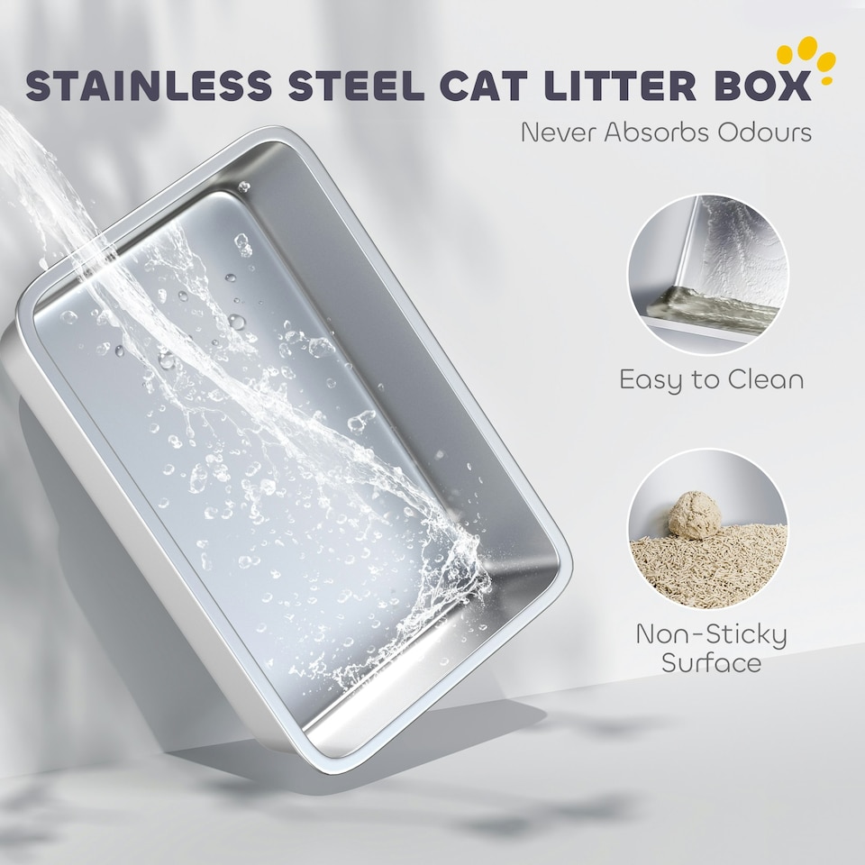 image 1 of PawHut XL Stainless Steel Cat Litter Box with High Sides, 60 x 40 x 30 cm | Grey