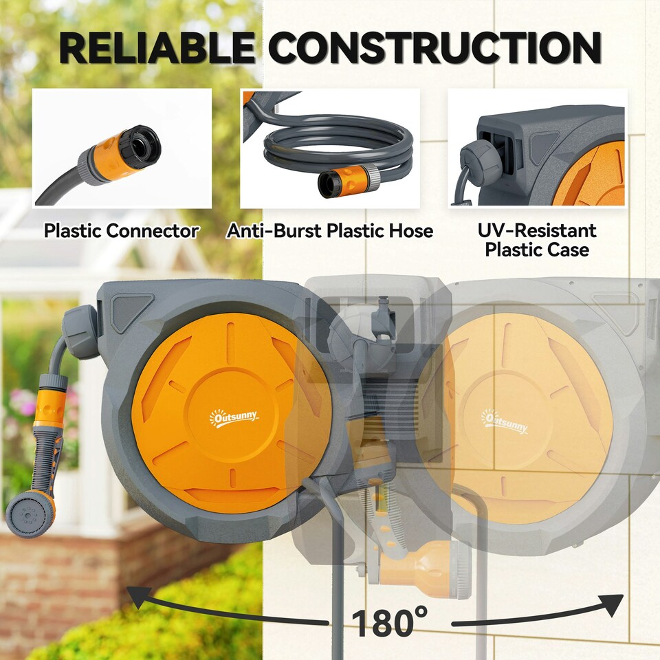 image 1 of Outsunny Retractable Hose Reel Wall Mounted with Lock, Orange