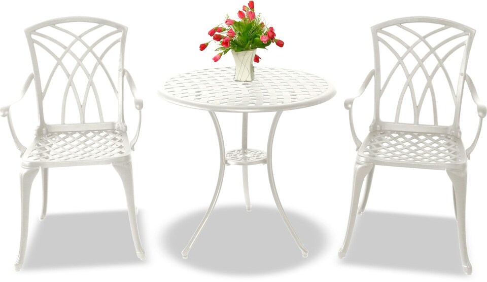 image 1 of Centurion Supports OSHOWA Luxurious Garden and Patio Table and 2 Large Chairs with Armrests Cast Aluminium Bistro Set - White