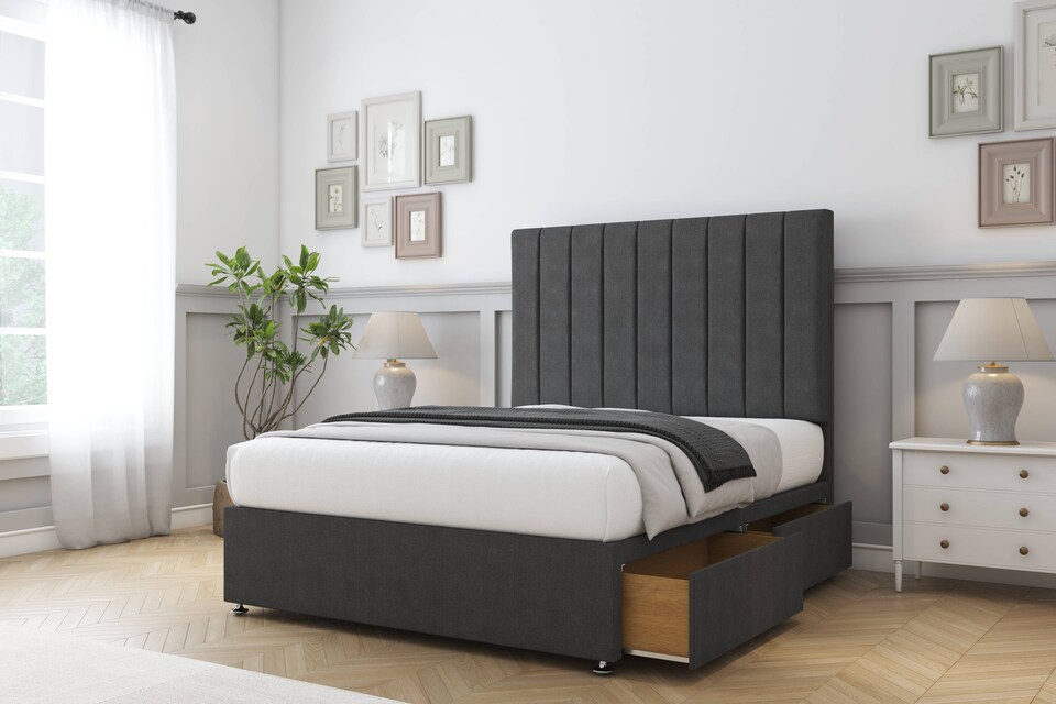 image 1 of Sloomy Kansas Graphite Dumfries Divan Bed Base 2 Drawers Foot-End With 26 Inch Strutted Headboard | Grey | Graphite | Double | 1