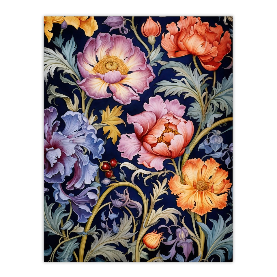 image 1 of Modern William Morris Style Elegant Anemone Black Framed Wall Art Print A4