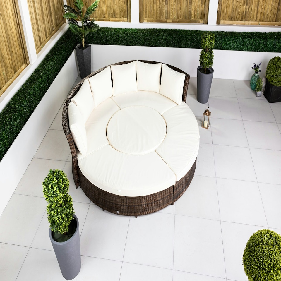 image 1 of GIardino 3-in-1 Rattan Garden Sofa Daybed Set Water Resistant Assembled Brown | Ivory